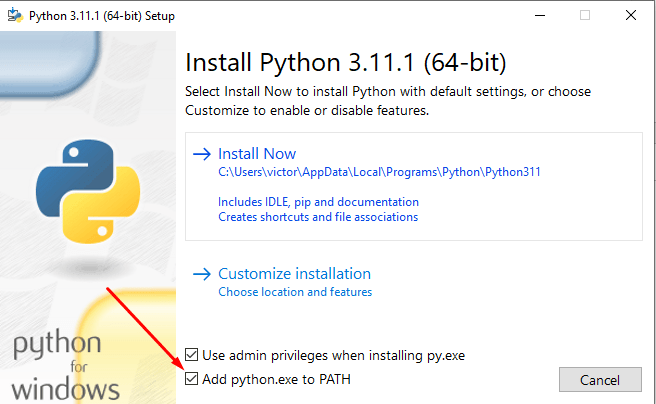 Ставим галочку Add Python to PATH