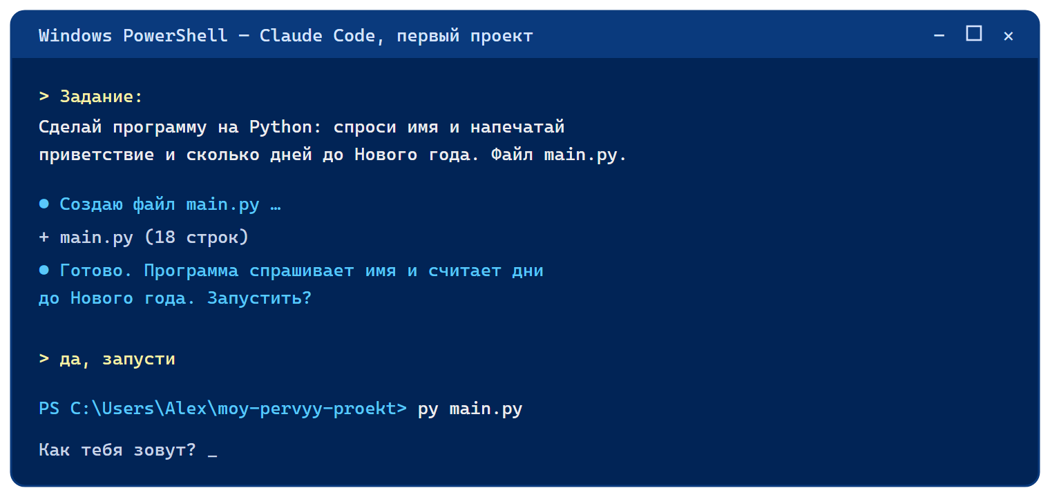 Окно PowerShell с Claude Code: задание словами и созданный файл main.py с кодом.