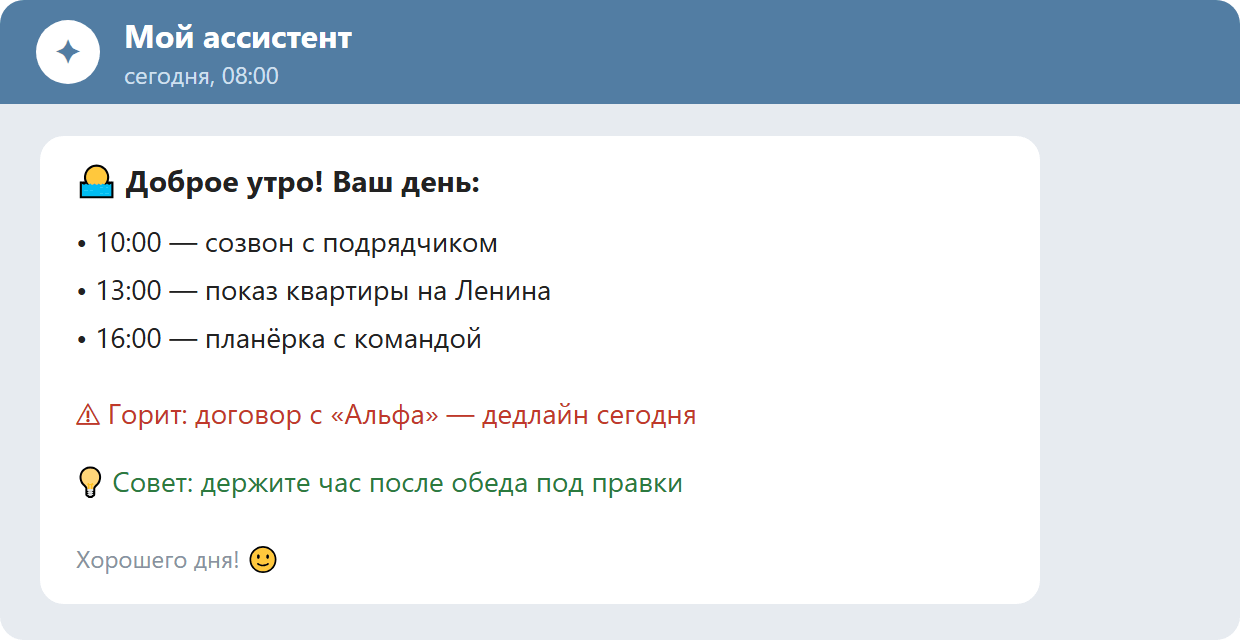 Telegram: утренний брифинг от ассистента со списком встреч, горящей задачей и советом.