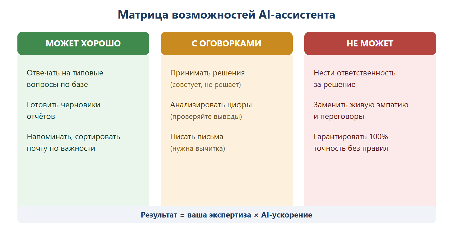 Матрица возможностей AI-ассистента: может хорошо (типовые ответы, черновики отчётов, сортировка почты), с оговорками (решения-советы, анализ цифр, письма — нужна проверка), не может (ответственность, эмпатия, 100% точность без правил).
