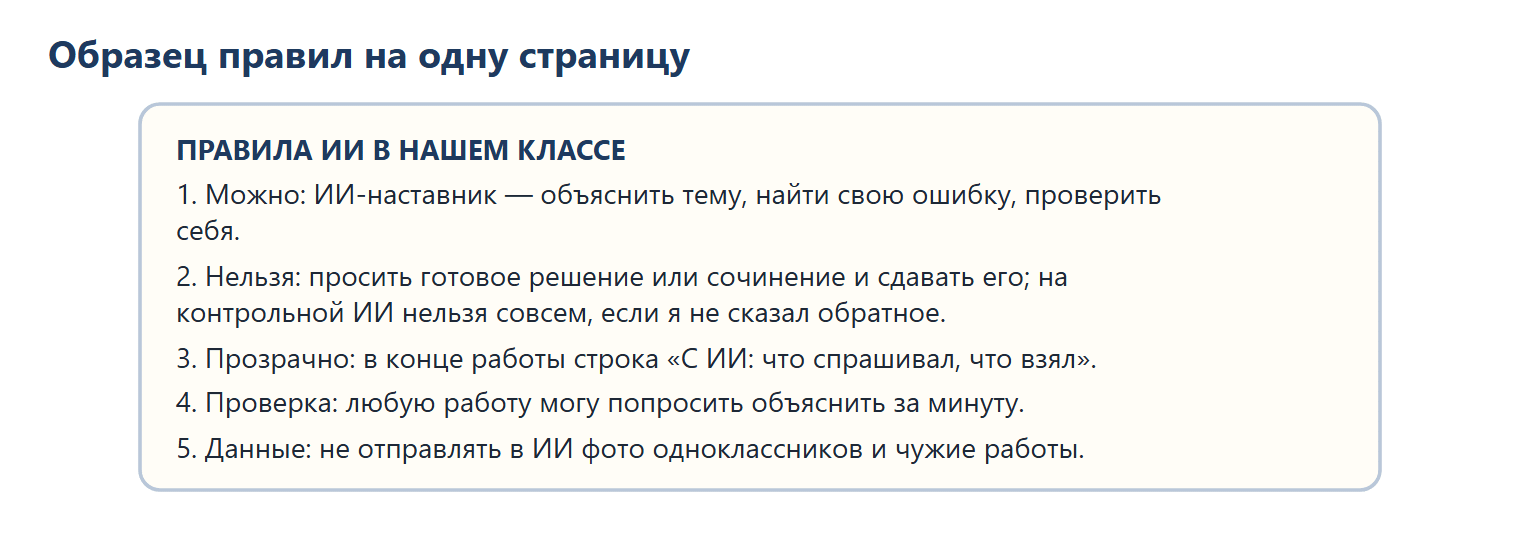 Образец правил ИИ в классе на одну страницу: 1 — можно использовать ИИ-наставника, чтобы объяснить тему, найти свою ошибку, проверить себя; 2 — нельзя просить готовое решение или сочинение и сдавать его, на контрольной ИИ нельзя совсем; 3 — в конце работы строка «С ИИ: что спрашивал, что взял»; 4 — любую работу учитель может попросить объяснить за минуту; 5 — не отправлять в ИИ фото одноклассников и чужие работы.