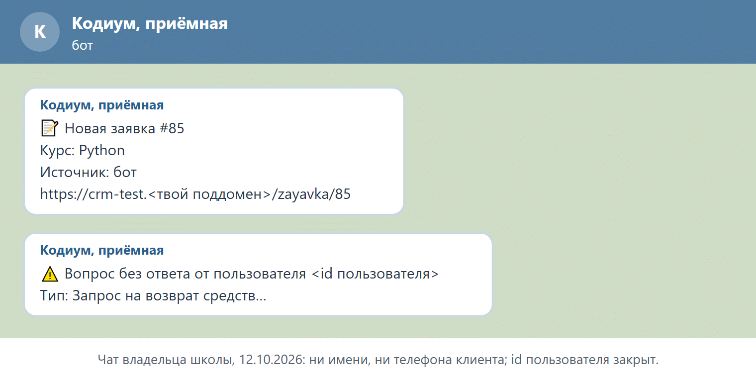 Два уведомления владельцу школы в чате бота: «Новая заявка #85, Курс: Python, Источник: бот» со ссылкой на заявку в кабинете и «Вопрос без ответа от пользователя <id пользователя>, Тип: Запрос на возврат средств…». Ни имени, ни телефона клиента.