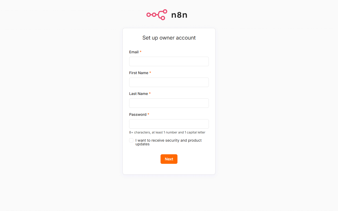 Форма n8n «Set up owner account»: поля Email, First Name, Last Name, Password с подсказкой «8+ characters, at least 1 number and 1 capital letter», флажок рассылки и кнопка Next.
