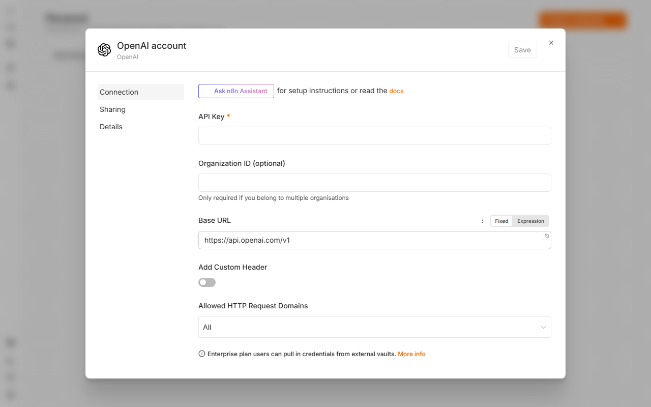Форма учётных данных OpenAI в n8n: поля API Key (обязательное), Organization ID (optional), Base URL, Add Custom Header, Allowed HTTP Request Domains и кнопка Save.