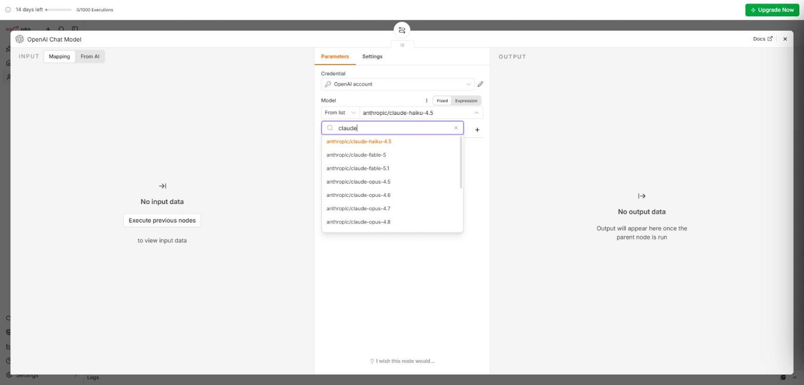 Узел OpenAI Chat Model в n8n: Credential — OpenAI account, Model — режим From list, открыт список с поиском claude: anthropic/claude-haiku-4.5, anthropic/claude-fable-5, anthropic/claude-fable-5.1, anthropic/claude-opus-4.5, 4.6, 4.7, 4.8.