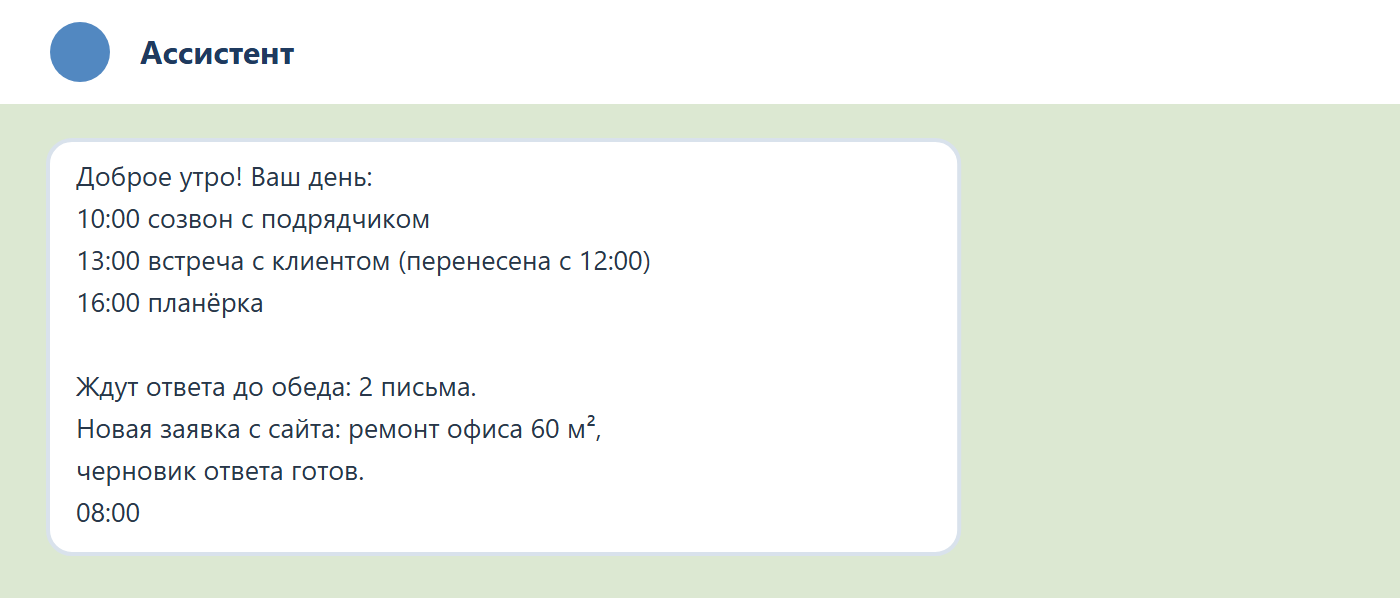 Пример утреннего сообщения ассистента в Telegram: встречи дня с временем, сдвинутая встреча, два письма с ожиданием ответа, разобранная заявка с черновиком ответа.