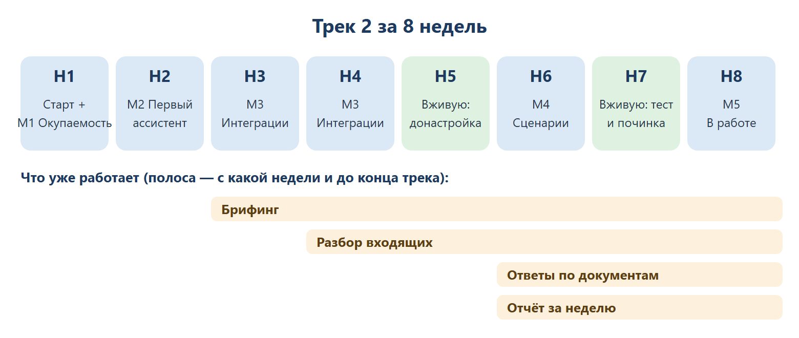Карта трека на 8 недель: по неделям модули 0–5 и две недели работы вживую, под каждым модулем — функция ассистента, которая к этому моменту работает.