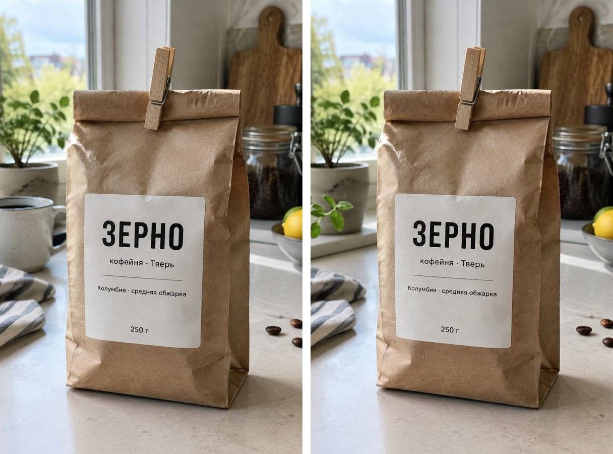 Слева исходное фото пачки «Зерно» на кухне, у левого края белая кружка. Справа результат точечной правки Gemini: кружки нет, пачка, надписи и кухня на месте.